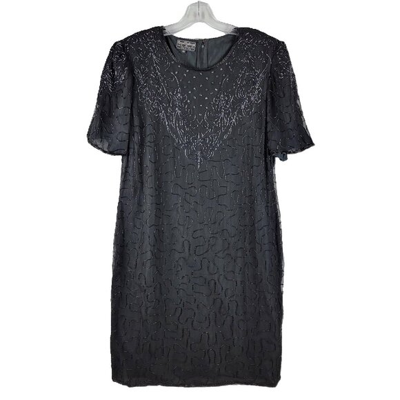 Vintage 80s Black Silk Beaded Shift Dress Evening Party Cocktail sz 2X - Picture 1 of 10